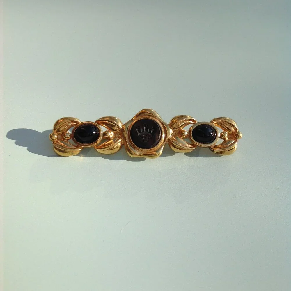 Fendi Brooch Victorian Revival Bar Rhodium Gold Intaglio Logo + Onyx Cabochons